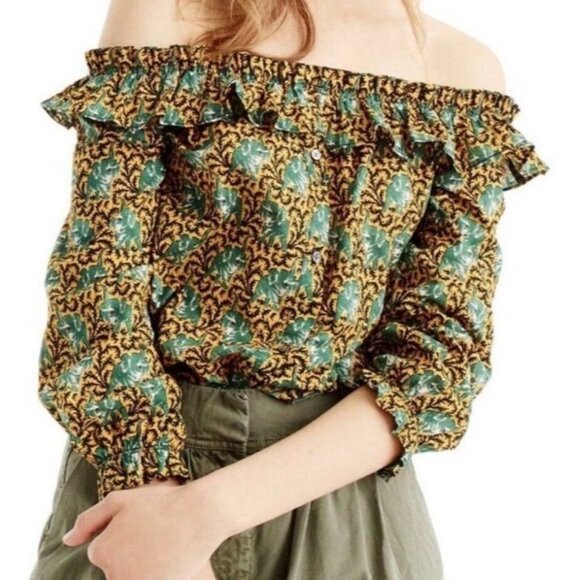 J.Crew Ratti Elephant Print Off-the-Shoulder Ruffle Top Gold Boho Women's Size 4 - Picture 7 of 7
